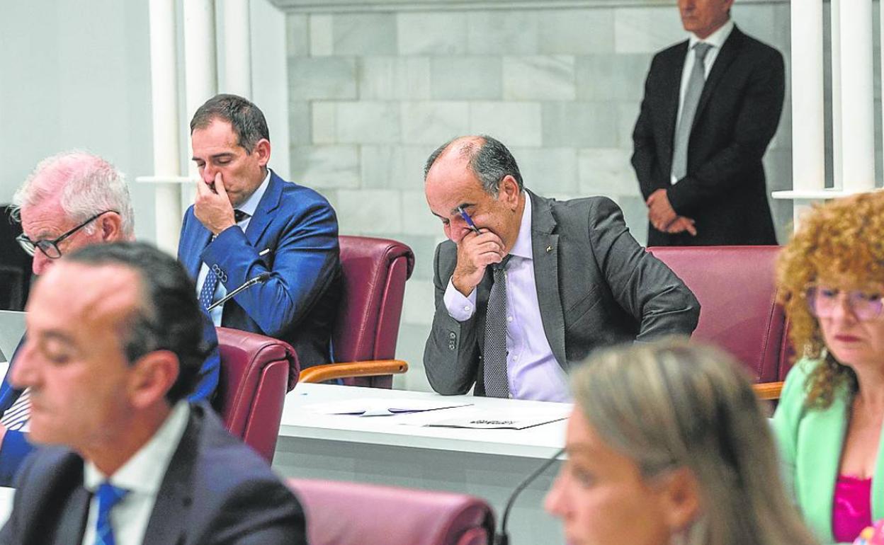 Los diputados Juan José Liarte y Francisco Carrera-con la mano en la boca-, en el Pleno del Miercoles.