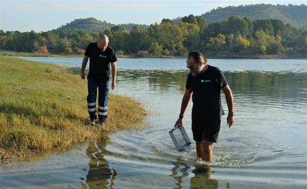 Técnicos de la CHS toman muestras, este viernes, para comprobar el grado de presencia del mejillón cebra en el embalse de Camarillas. 