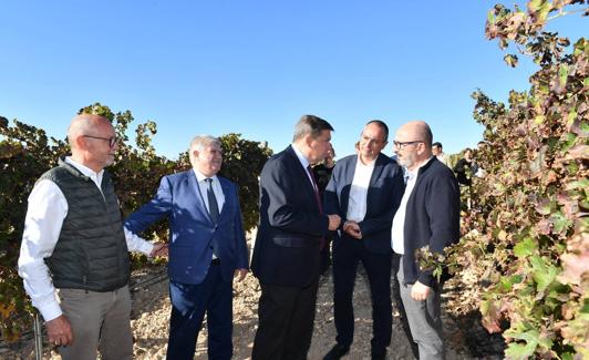 El delegado del Gobierno y el ministro, en el centro, charlan con los hermanos Álvaro (i), Ángel y Miguel Gil (d), durante la visita a las Bodegas Juan Gil.