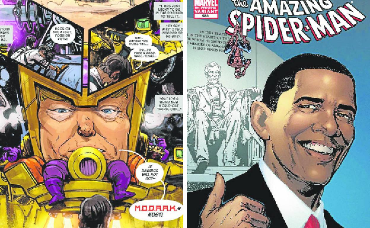 Modaak, uno de los más recientes villanos, guarda gran parecido con Trump. Spider Man salvó la investidura de Obama.