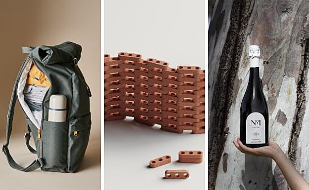 Mochila 'drömsäck' diseñada para Ikea. | Piezas del diseño 'Roberta' para Nadis Design. | Botella de vino Dominio de la Vega Cava Nº 1.