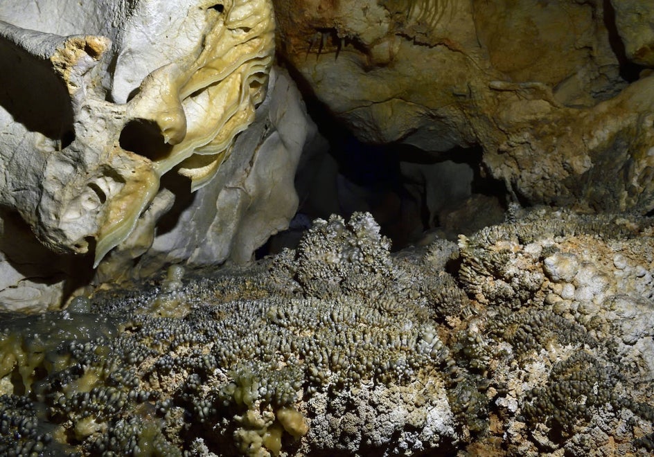 Campo de coraloides o perlas en una superficie horizontal de la Cueva del Puerto y velos o cortinas casi transparentes en la pared vertical izquierda.