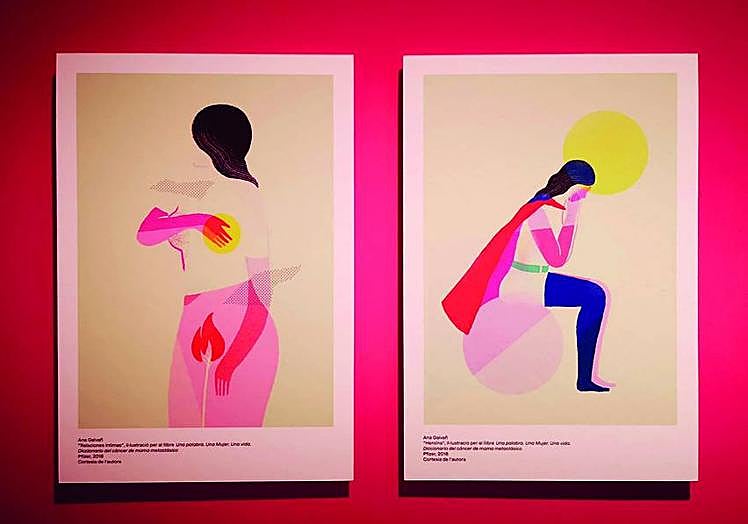 Imagen principal - Obras de la exposición colectiva 'Constalación gráfica', en el CCCB; instalación de Ana Galvañ y cartel de la exposición 'Cómic. Sueños e historia', de CaixaForum.