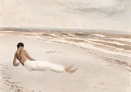 'Luis Cernuda en una playa de Almería'. Año 1934. Gouache sobre papel, de 22 x 30 cm. Obra pintada por Ramón Gaya y expuesta en su museo de Murcia. Está fechada en 1934, en las Misiones Pedagógicas de la II República en España, en las que colaboran intelectuales de fuste. Dependieron del Ministerio de Instrucción Pública y de las Bellas Artes y su fin era «difundir la cultura general, la moderna orientación docente en lugares rurales, villas, aldeas».