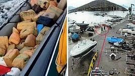 Detalles de los fardos de hachís localizados en una narcolancha y una de las imágenes de grabación de dos de los sospechosos que incluye el atestado policial.