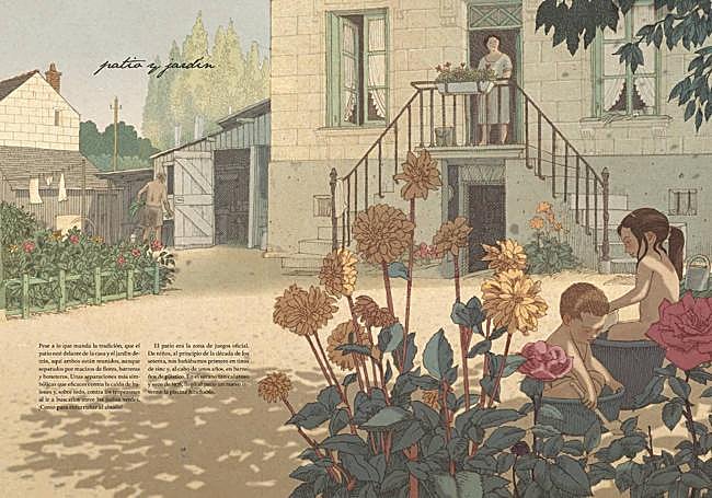 Escena doméstica ante la vivienda que construyó en la parcela el antiguo propopietario.