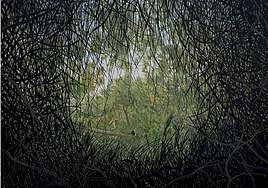 El escondite de Pierrot le fou. Acrílico/lienzo 150 x 180 cm. Jorge FIN. 2021.