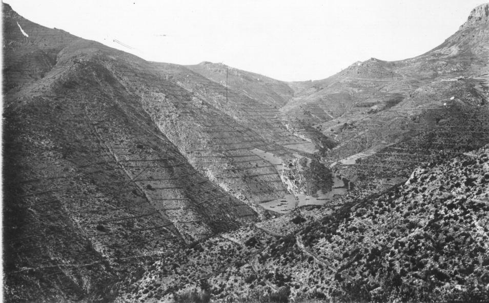 Imagen principal - Arriba, imagen del río Espuña, en el siglo XIX. Abajo a la izquierda, una brigada realiza hoyos para la replantación. A la derecha, retrato de Ricardo Codorníu. 