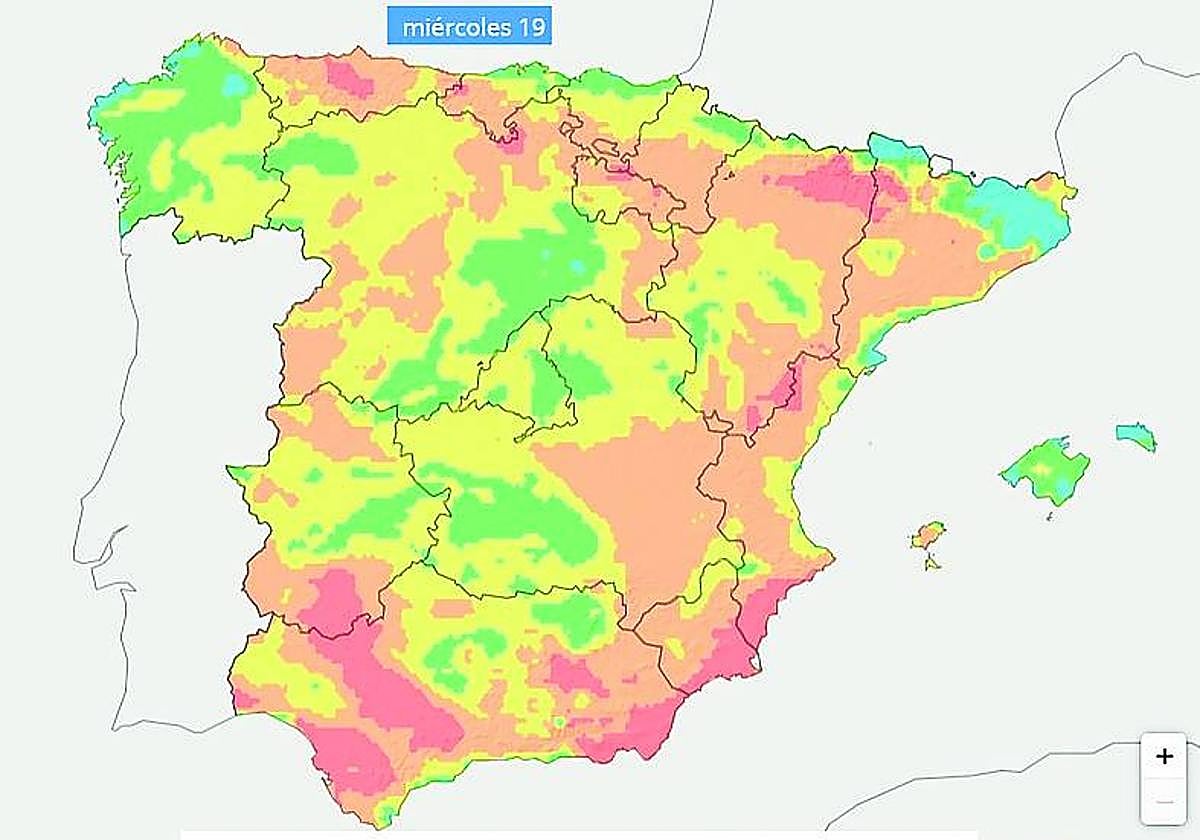 Mapa del riesgo de incendio en España, donde se puede ver la situación de la Región.