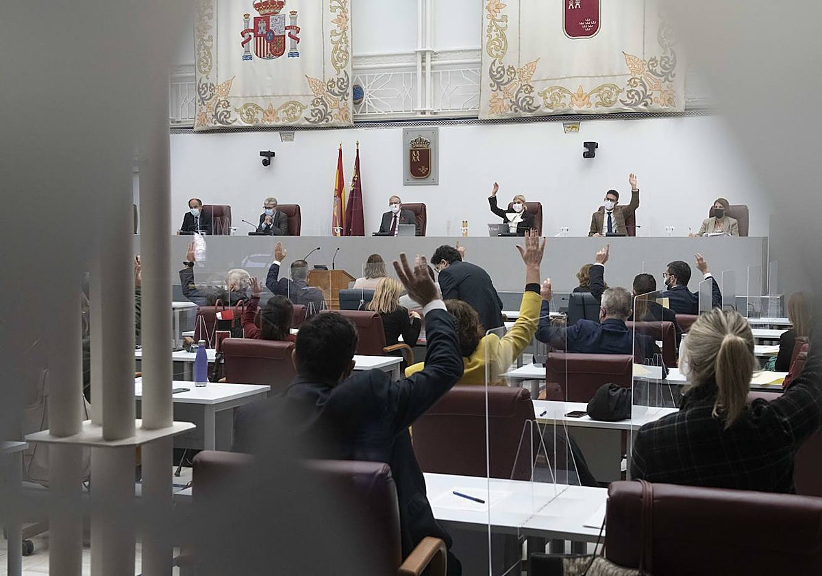 Diputados levantan la mano para votar en la Asamblea Regional.