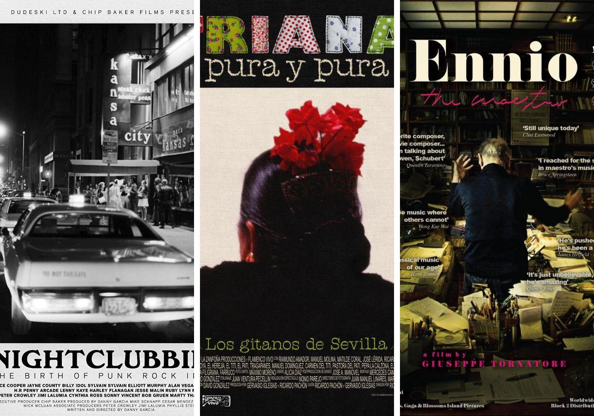 Carteles de las películas 'Nightclubbing: the birth of punk rock in NYC', 'Triana pura y pura' y 'Ennio el maestro'.