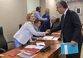 El consejero Juan María Vázquez saluda a la diputada socialista Carmina Fernández, este miércoles en la reunión de la Diputación Permanente.