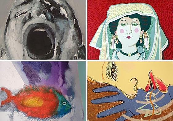 'Cara' de Santiago Ydáñez (Puente de Génave, Jaén, 1967). 'Murciana' de Pina Nortes (La Albatalía, Murcia, 1932-2022). 'Pez' de María Dolores Andreu (Alhama de Murcia, 1934-2006). Serigrafías 'Letras' de Ouka Leele (Madrid, 1957-2022).