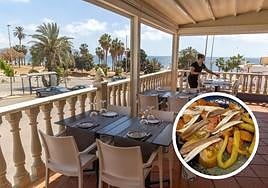 Frescor en vena. Terraza del local frente al mar; ensalada de tomate con anchoas, boquerones y piparras.