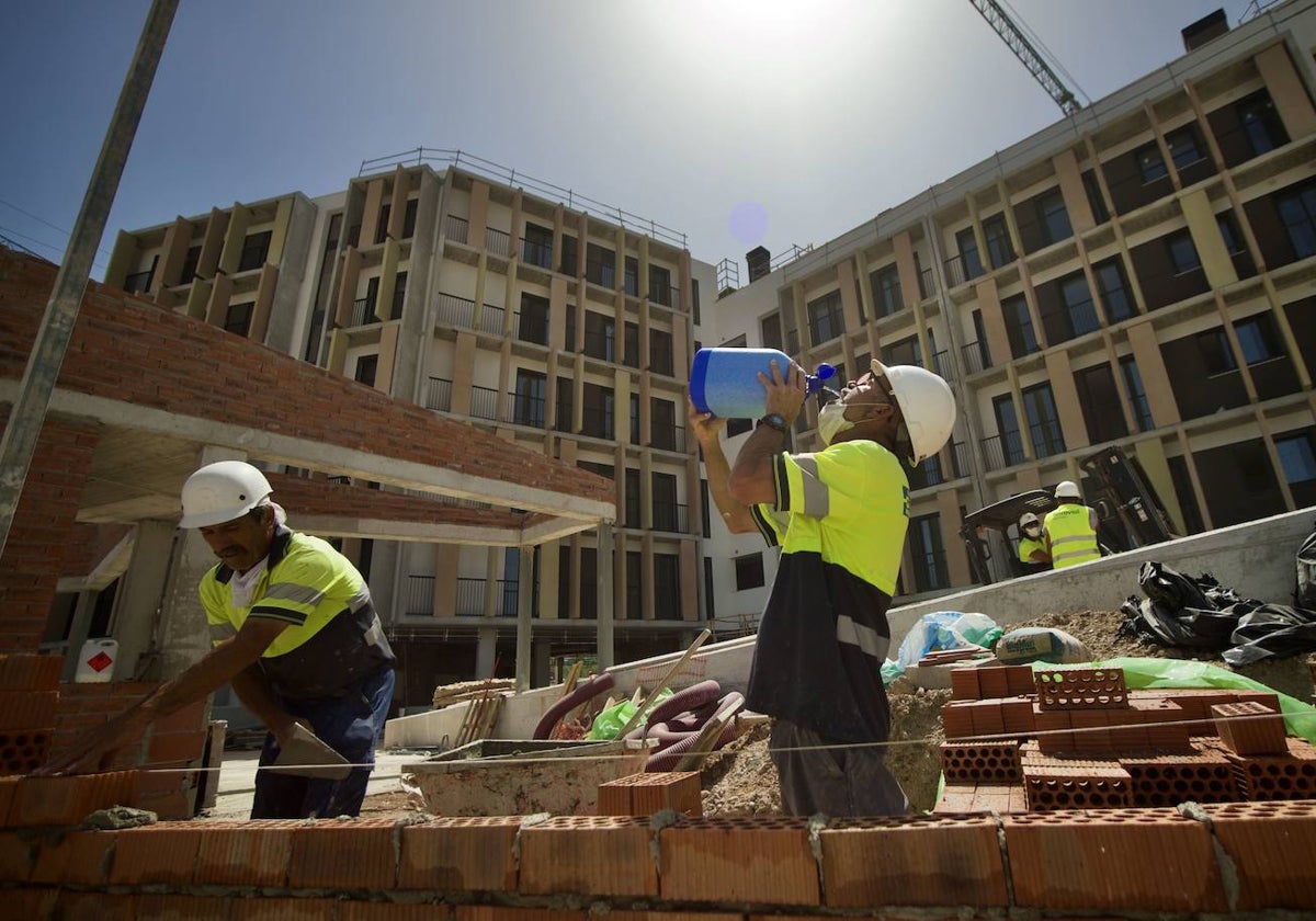 Un trabajador se hidrata para hacer frente al calor extremo en Murcia, en pleno verano.