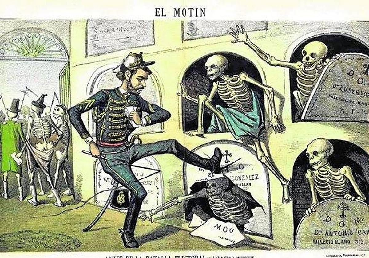 Caricatura sobre los fraudes electorales durante la época de la Restauración referidos a la aparación de papeletas con los nombres de quienes habían fallecido.