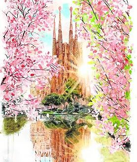 Imagen secundaria 2 - Retrado de Rocío Jurado e ilustración, tipo boceto, de la Sagrada Familia de Barcelona. 