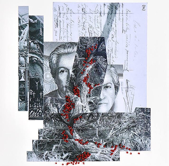 Gabriela Mistral entre árboles. Para este collage sobre la escritora y maestra chilena recurre a las cartas, a su imagen en el billete de 5.000 pesos y a los árboles del poema.