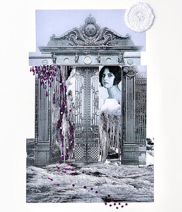 Estalacticas y hielo en el pecho de María Teresa Roca de Togores. Collage en el que la poeta y aristócrata aparece tras una poderosa reja.