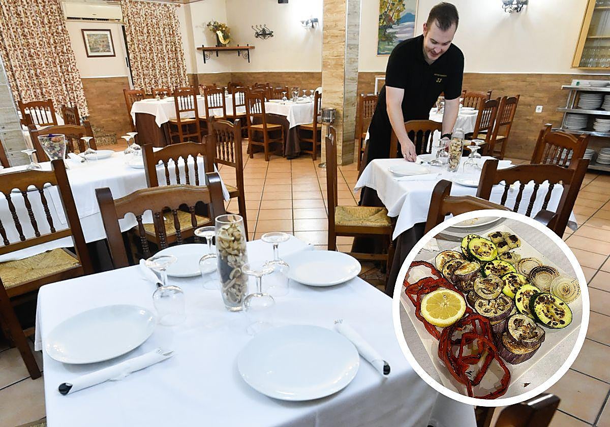 Un carrusel de platos y sabores. Fuente de verduras variadas a la plancha, con pimiento, berenjena, calabacín y cebolla, en cantidades generosas.