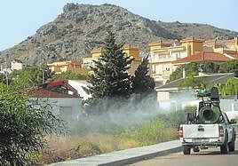Un vehículo fumiga solares del Carmolí, en una foto de archivo.