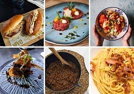 Arriba, de izquierda a derecha: platos de Vivo, La Galería de la Mirada y Bocarriba; abajo: elaboraciones de Casa Aráez, El Pony e Il Palco.