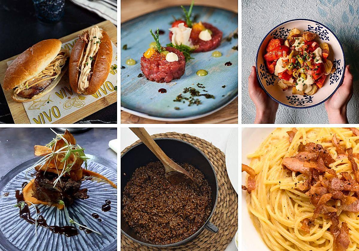 Arriba, de izquierda a derecha: platos de Vivo, La Galería de la Mirada y Bocarriba; abajo: elaboraciones de Casa Aráez, El Pony e Il Palco.