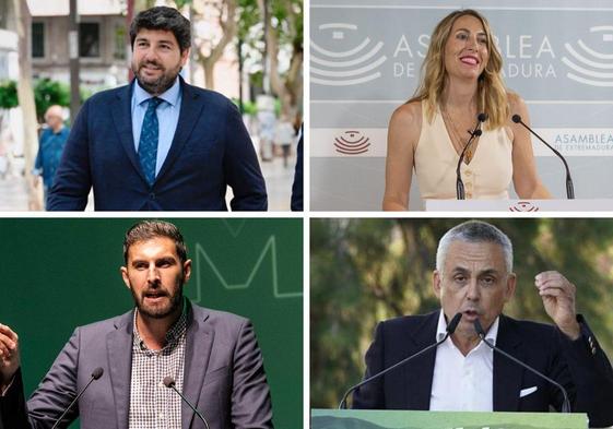 Arriba, Fernando López Miras y María Guardiola (PP). Abajo, José Ángel Antelo y Ángel Pelayo.