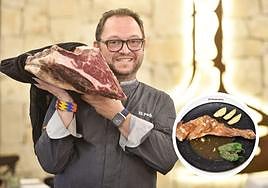 Salvador Cerón porta una pieza de vaca rubia gallega procedente de Monforte de Lemos. A la derecha, una paletilla de cabrito murciano al horno de leña.