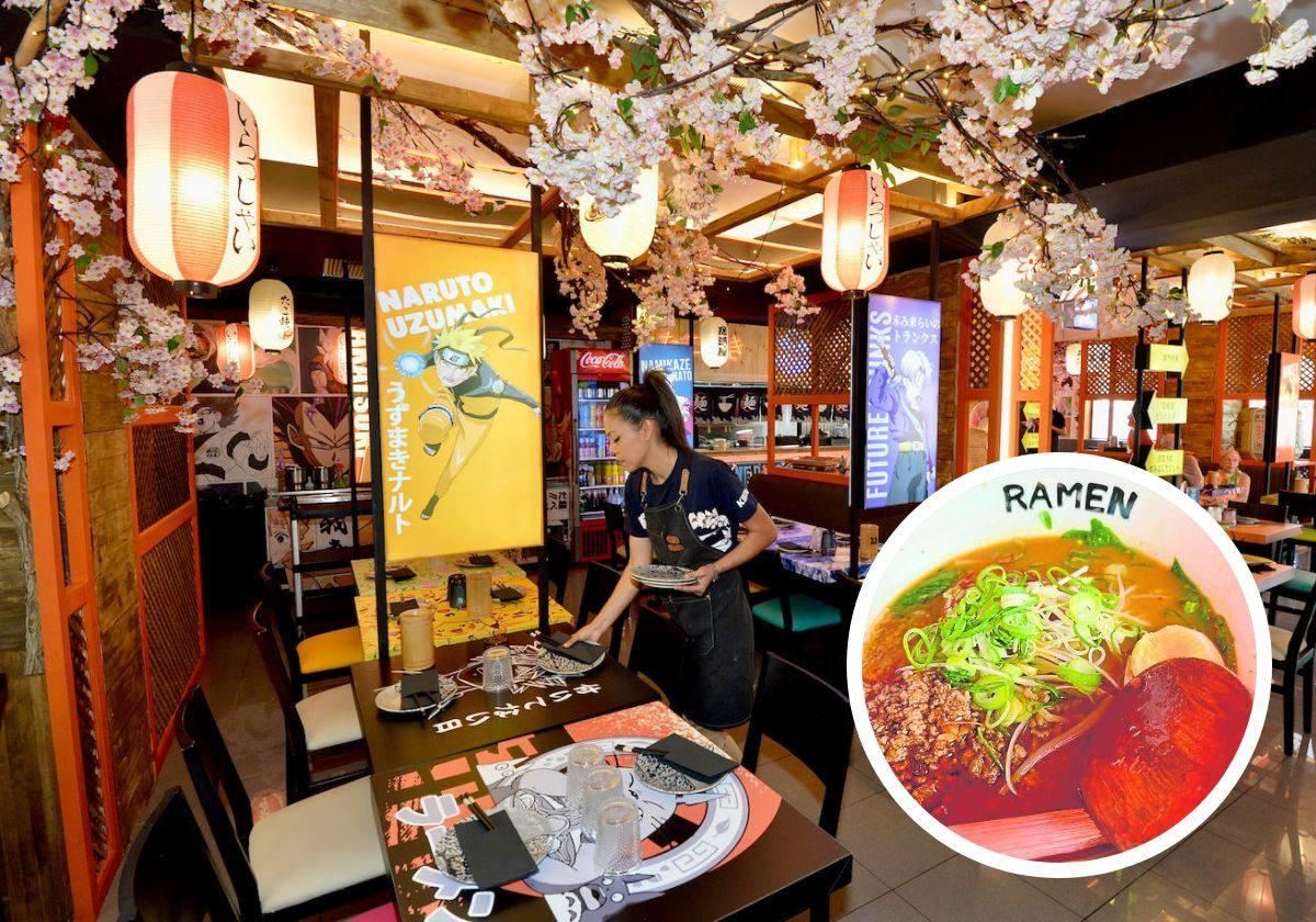 Arriba, la colorida sala del restaurante, plagada de dibujos japoneses. En el círculo, un plato de ramen.