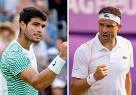 Carlos Alcaraz y Grigor Dimitrov celebran un punto, en sus partidos de octavos de final en Queen's.