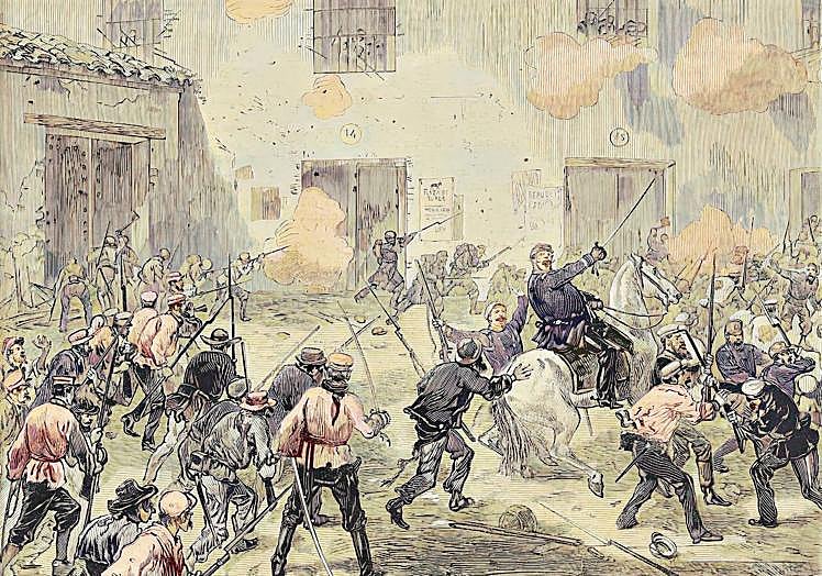 Grabado inglés. Los cantonales desembarcando en Águilas son repelidos por carabineros. 16 de septiembre de 1873