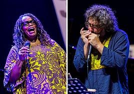 Dianne Reeves, durante su actuación en Jazz San Javier. Antonio Serrano, a la armónica en el parque Almansa.