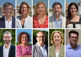 Los candidatos que conseguirían escaño. Arriba: Luis Alberto Marín, Isabel Borrego Cortés, Violante Tomás Olivares, Juan Luis Pedreño y Miriam Guardiola (PP). Abajo: Francisco Lucas, Caridad Rives Arcayna y Joaquín Martínez Salmerón (PSOE). Lourdes Méndez y Joaquín Robles López (Vox).