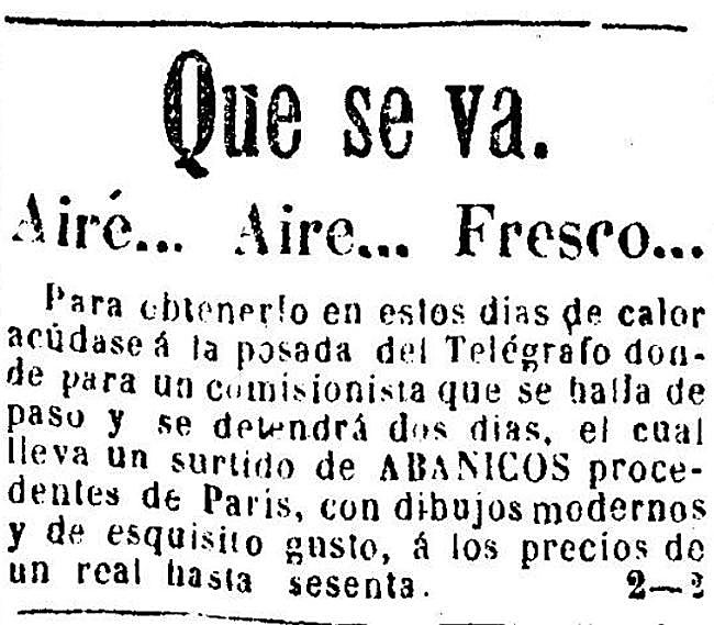 El diario 'La Paz de Murcia' anunciaba la llegada a la ciudad en 1868 de un célebre vendedor de abanicos.