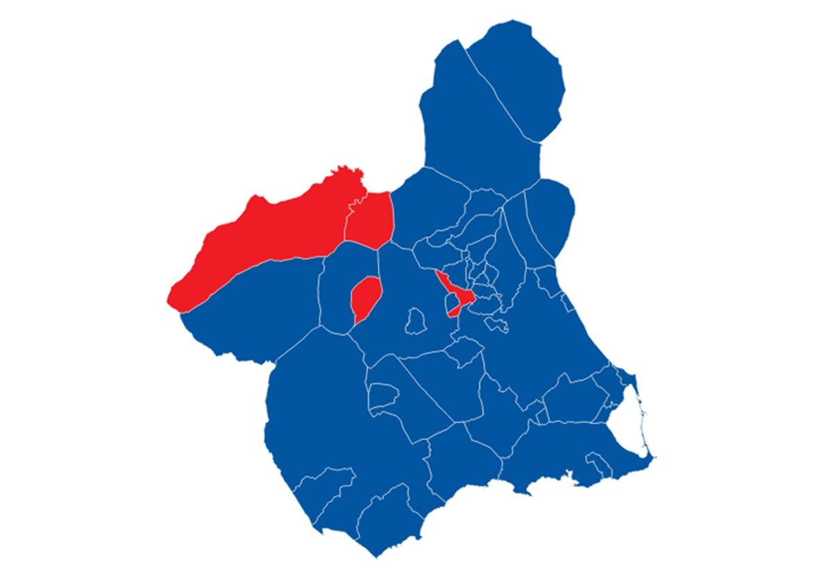 Mapa de los municipios de la Región de Murcia, según los partidos ganadores.