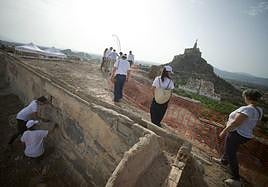 Visita al recinto superior del trabajo, donde han arrancado las excavaciones, con la imagen del Castillo de Monteagudo de fondo, a la espera de que pueda ser visitado.
