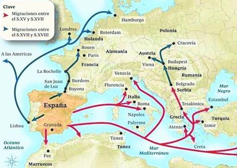Imagen secundaria 1 - Izquierda, el mapa de migraciones sefardíes. Derecha, placa sobre el asfalto que marca el camino sefardí de la Red de Juderías de España.