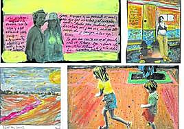 Colores en clave telúrica. Cuatro obras de David de Flores de 'Diario de un viaje' en las que aparecen también sus hijos y su pareja, Silvia Marte: fotografías en blanco y negro, pintadas y recreadas con acuarelas de colores vivos: ocres y naranjas de la tierra o rojos que simbolizan el fuego o la vida.