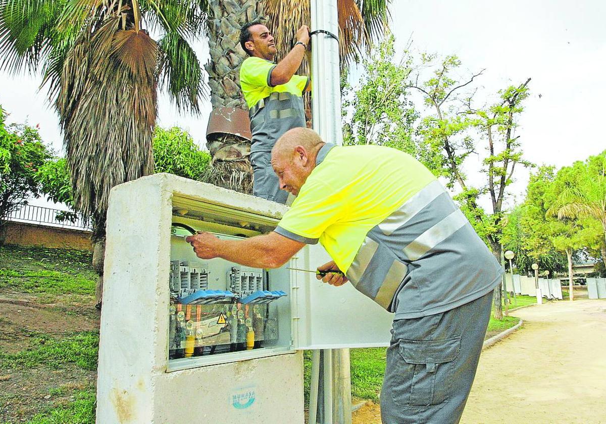 Dos electricistas revisan una instalación en el jardín del Malecón de Murcia.