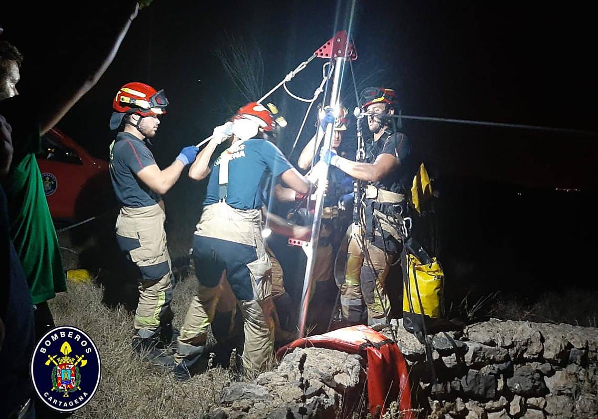 Los bomberos, en el operativo para rescatar al perro.
