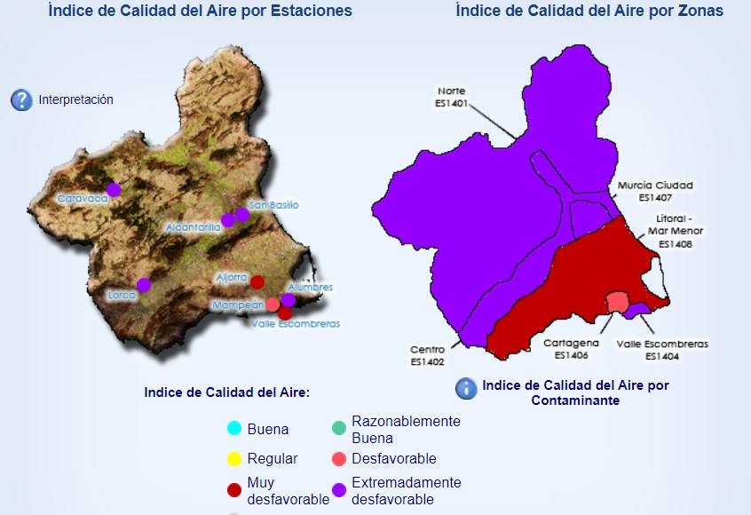 Mapa de la calidad del aire en la Región.