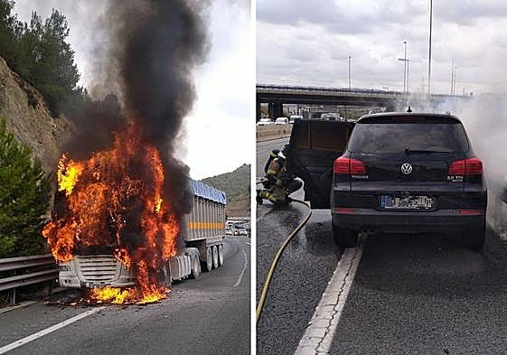 Imagen del camión y el turismo que han ardido este miércoles en la A-30.