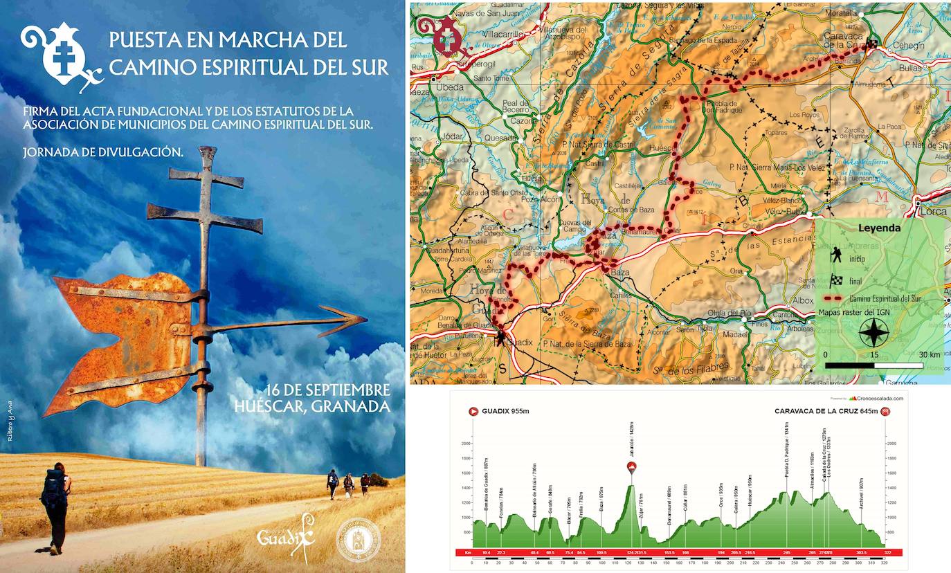 Cartel del acto a celebrar en Huéscar, mapa del camino y perfil.