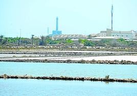Salinas de Marchamalo, con el faro de Cabo de Palos al fondo.