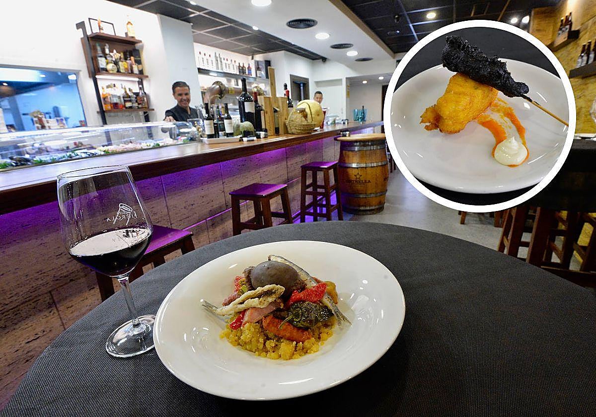 Suculentas migas con verduras y boquerones y, arriba, pavía de bacalao y caballito negro.