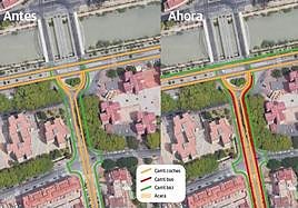 Antes y después de las obras de movilidad en la avenida Infante don Juan Manuel (paralela al río) y Pío Baroja.