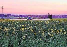 Un agricultor emplea un tractor de riego en su explotación agrícola.