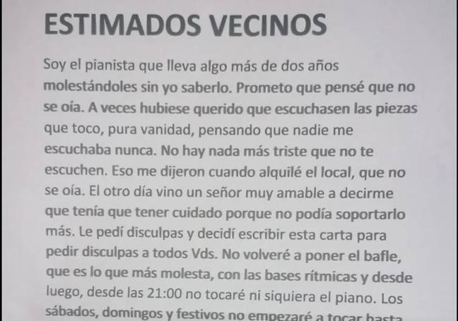 La nota del pianista a sus vecinos.