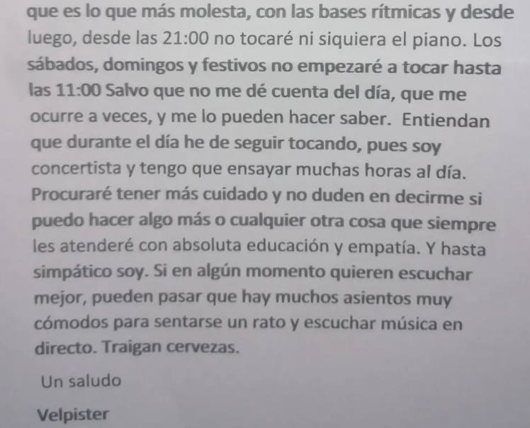 La nota del pianista a sus vecinos.